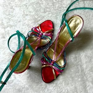 BCBG MaxAzria gorgeous metallic wrap around ankle sandals and matching clutch
